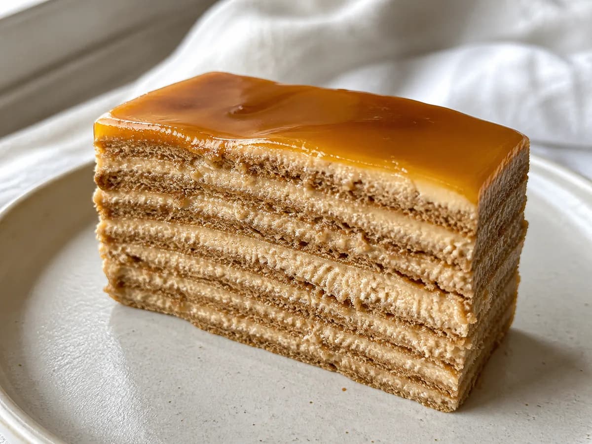 Pormenor de uma porção de Bolo de Bolacha e Café com Espelho de Caramelo