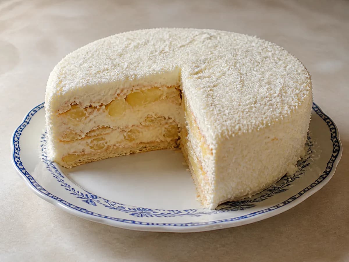 Bolo de Bolacha Muito Cremoso com Ananás e Coco