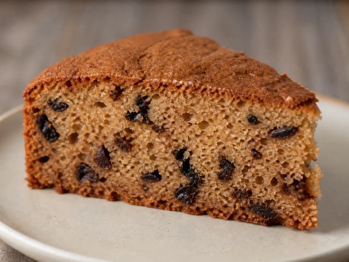 Pormenor de uma porção de Bolo de Canela e Ameixa