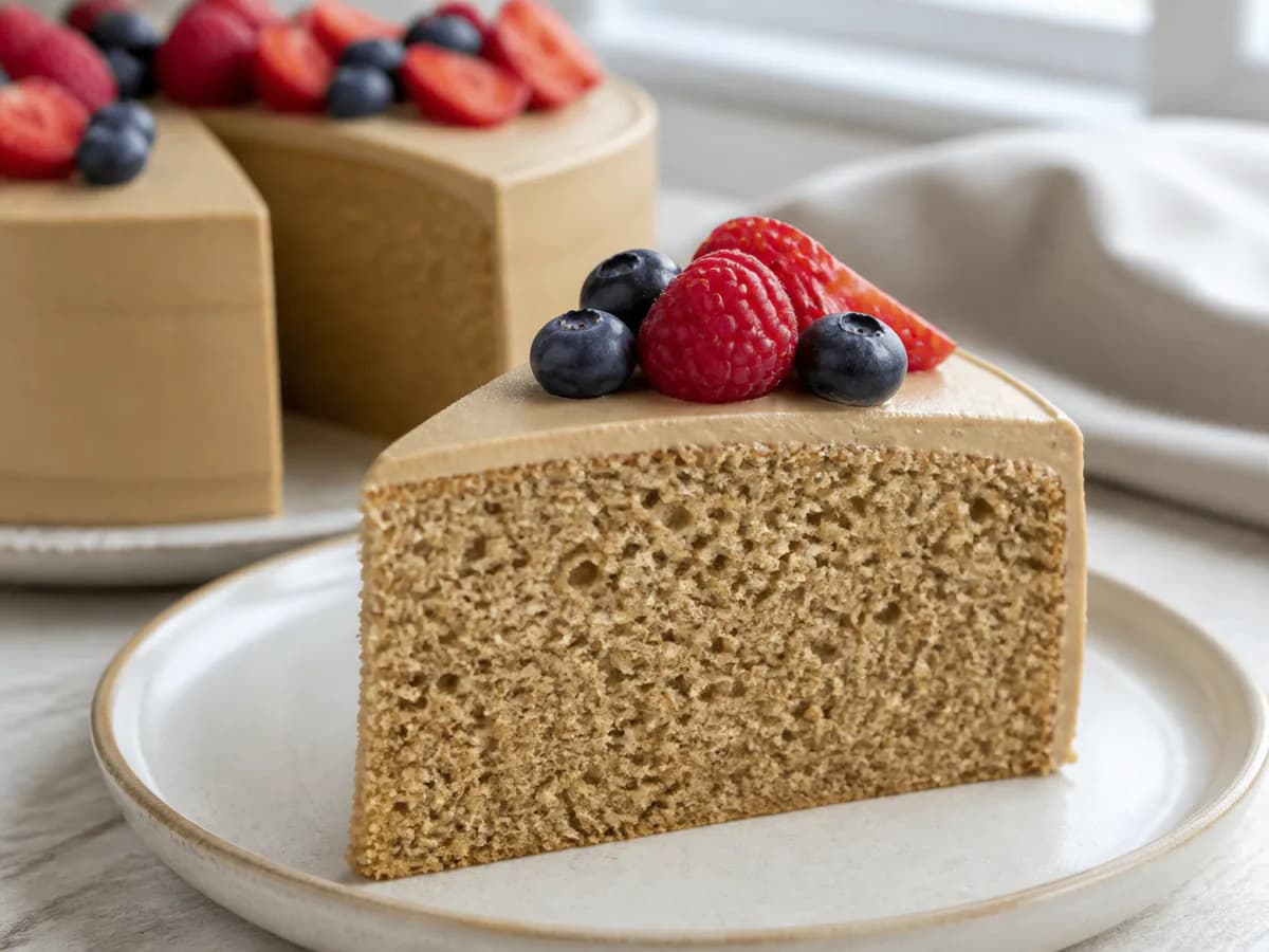 Pormenor de uma porção de Bolo de Cappuccino com Frutos Vermelhos