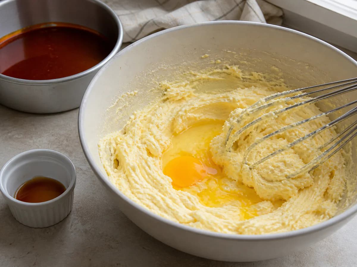 Preparação de Bolo de Caramelo com Baunilha durante a confeção