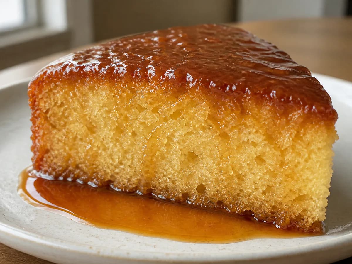 Pormenor de uma porção de Bolo de Caramelo com Baunilha