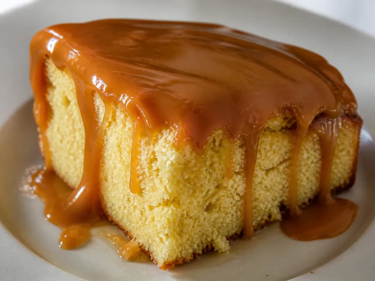 Pormenor de uma porção de Bolo de Caramelo Delicioso