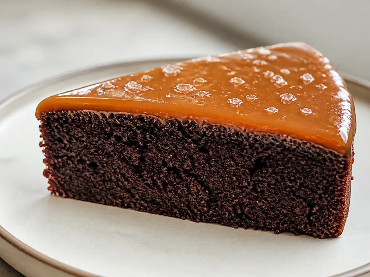 Pormenor de uma porção de Bolo de Caramelo e Chocolate