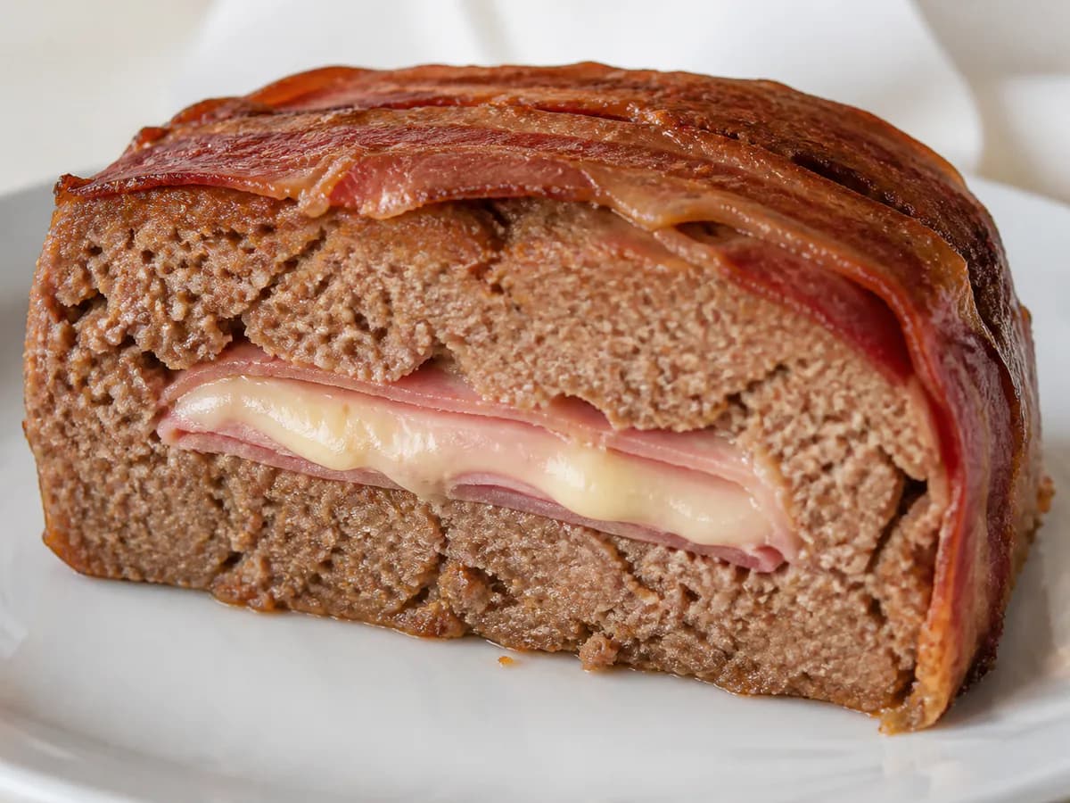 Pormenor de uma porção de Bolo de Carne Recheado à Portuguesa