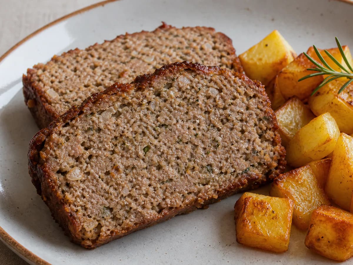 Pormenor de uma porção de Bolo de Carnes Assado com Batatas