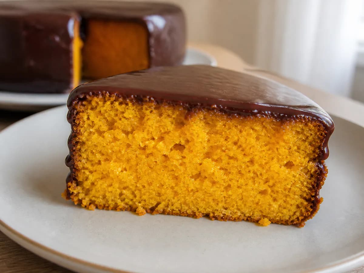 Pormenor de uma porção de Bolo de Cenoura com Cobertura Rápida de Chocolate