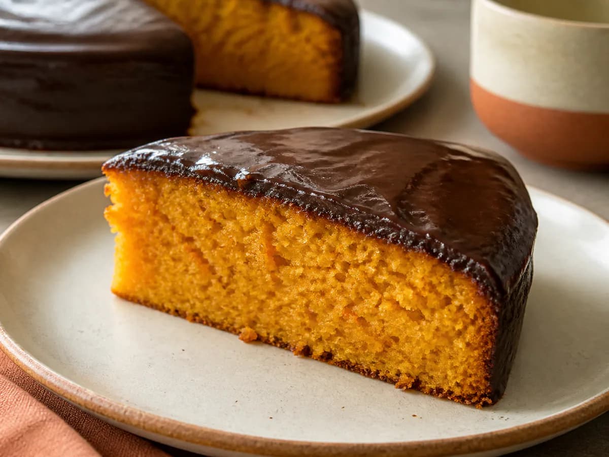 Pormenor de uma porção de Bolo de Cenoura com Ganache de Chocolate