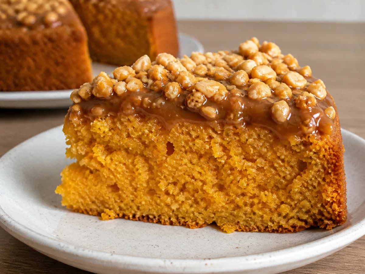 Pormenor de uma porção de Bolo de Cenoura com Cobertura de Caramelo e Amendoim