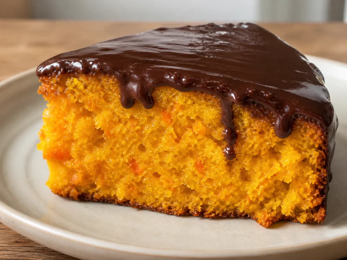 Pormenor de uma porção de Bolo de Cenoura com Calda de Chocolate e Leite