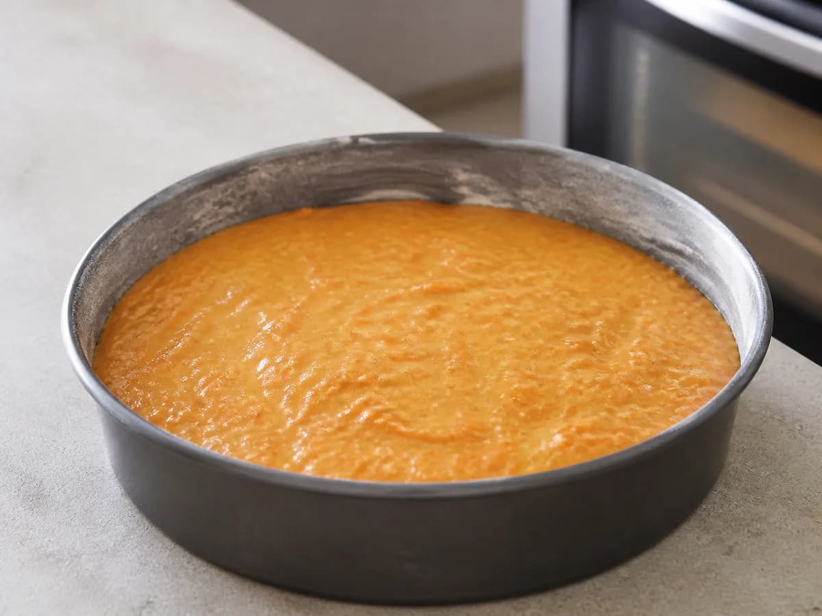 Preparação de Bolo de Cenoura com Cobertura de Queijo Creme durante a confeção