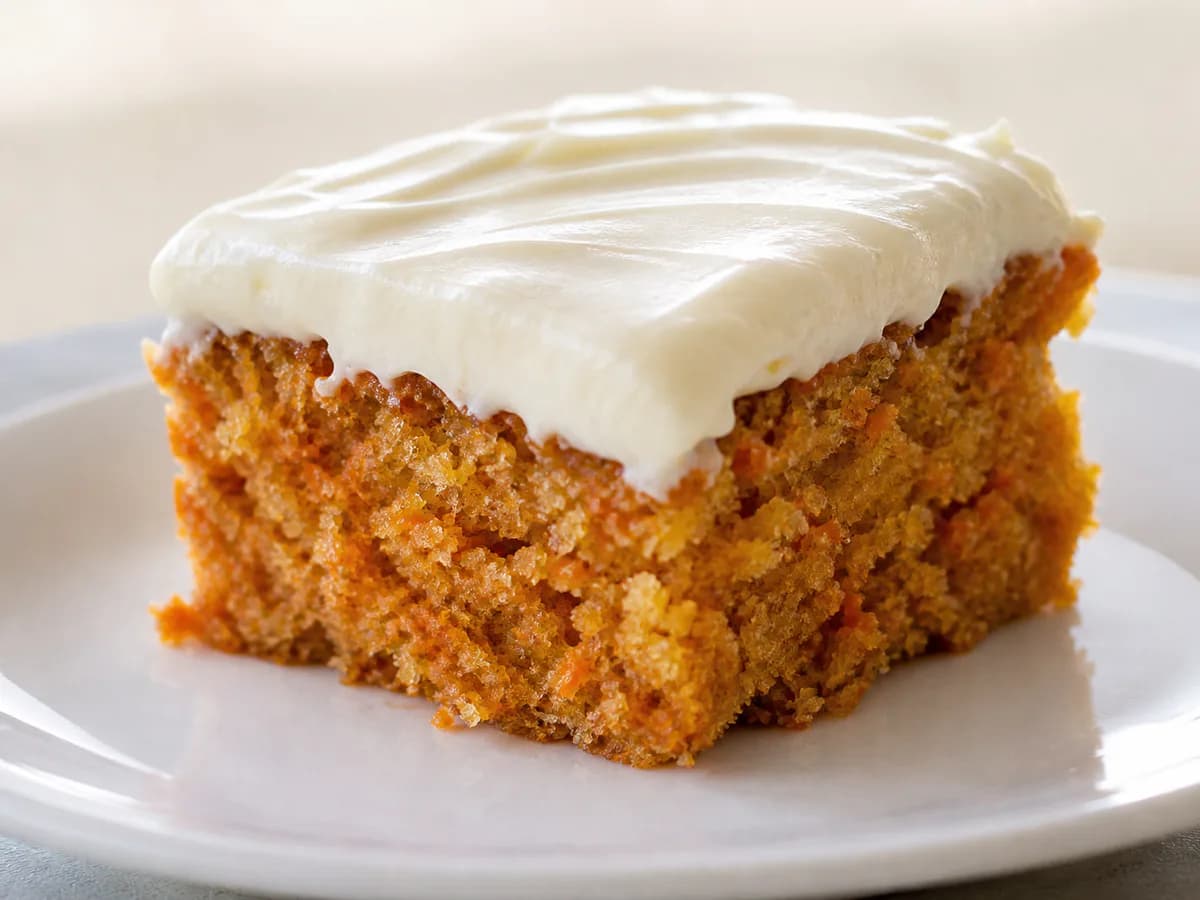 Pormenor de uma porção de Bolo de Cenoura com Creme de Queijo