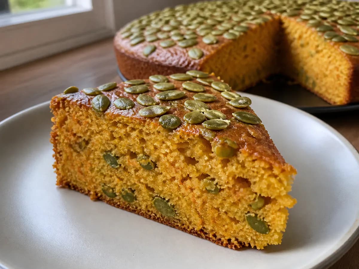 Pormenor de uma porção de Bolo de Cenoura com Sementes de Abóbora
