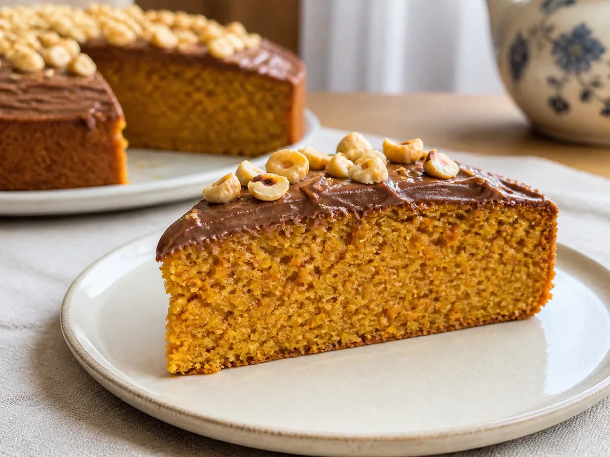 Pormenor de uma porção de Bolo de Cenoura com Creme de Avelãs e Chocolate