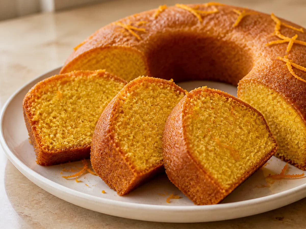 Pormenor de uma porção de Bolo de Cenoura e Laranja Húmido e Fofo
