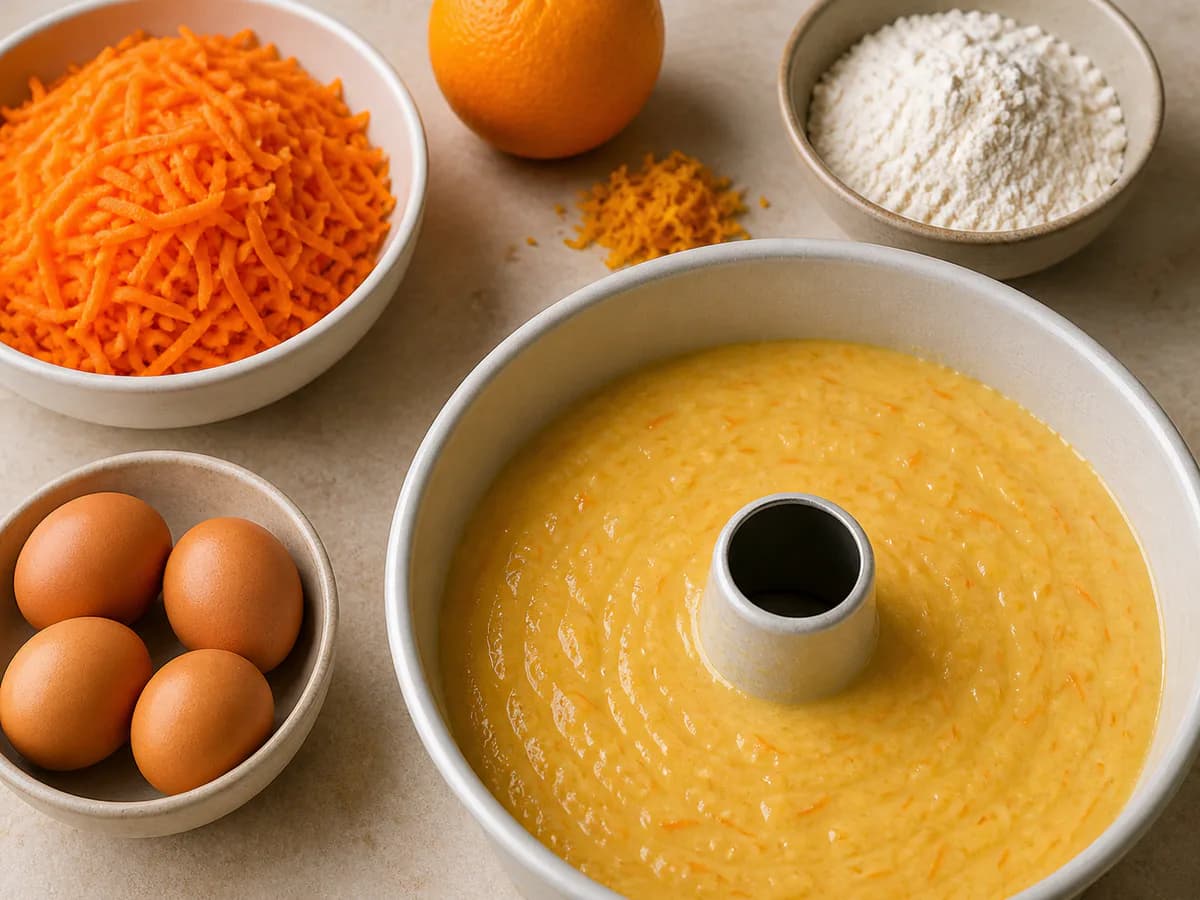 Preparação de Bolo de Cenoura e Laranja Húmido e Fofo durante a confeção