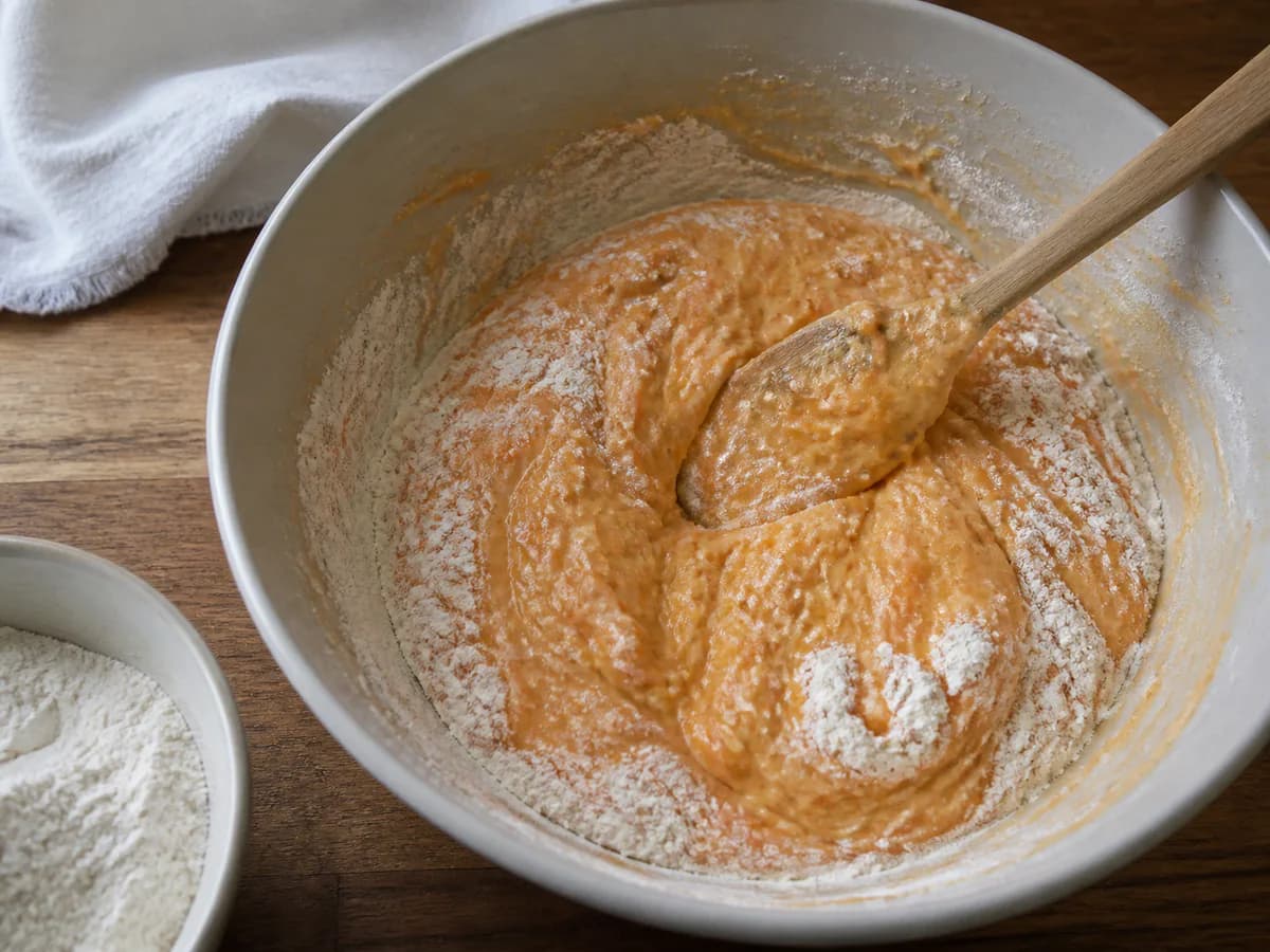 Preparação de Bolo de Cenoura Natalício de Receita Fácil durante a confeção