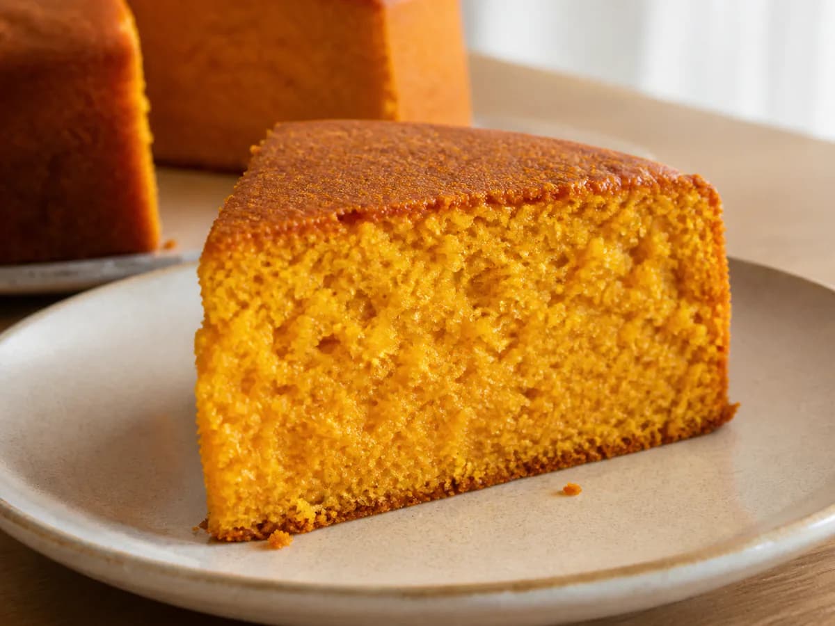 Pormenor de uma porção de Bolo de Cenoura Receita Super Fácil