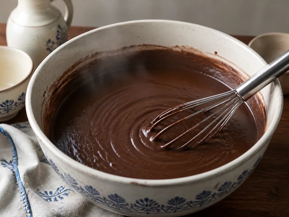 Preparação de Bolo de Chocolate com Água a Ferver durante a confeção