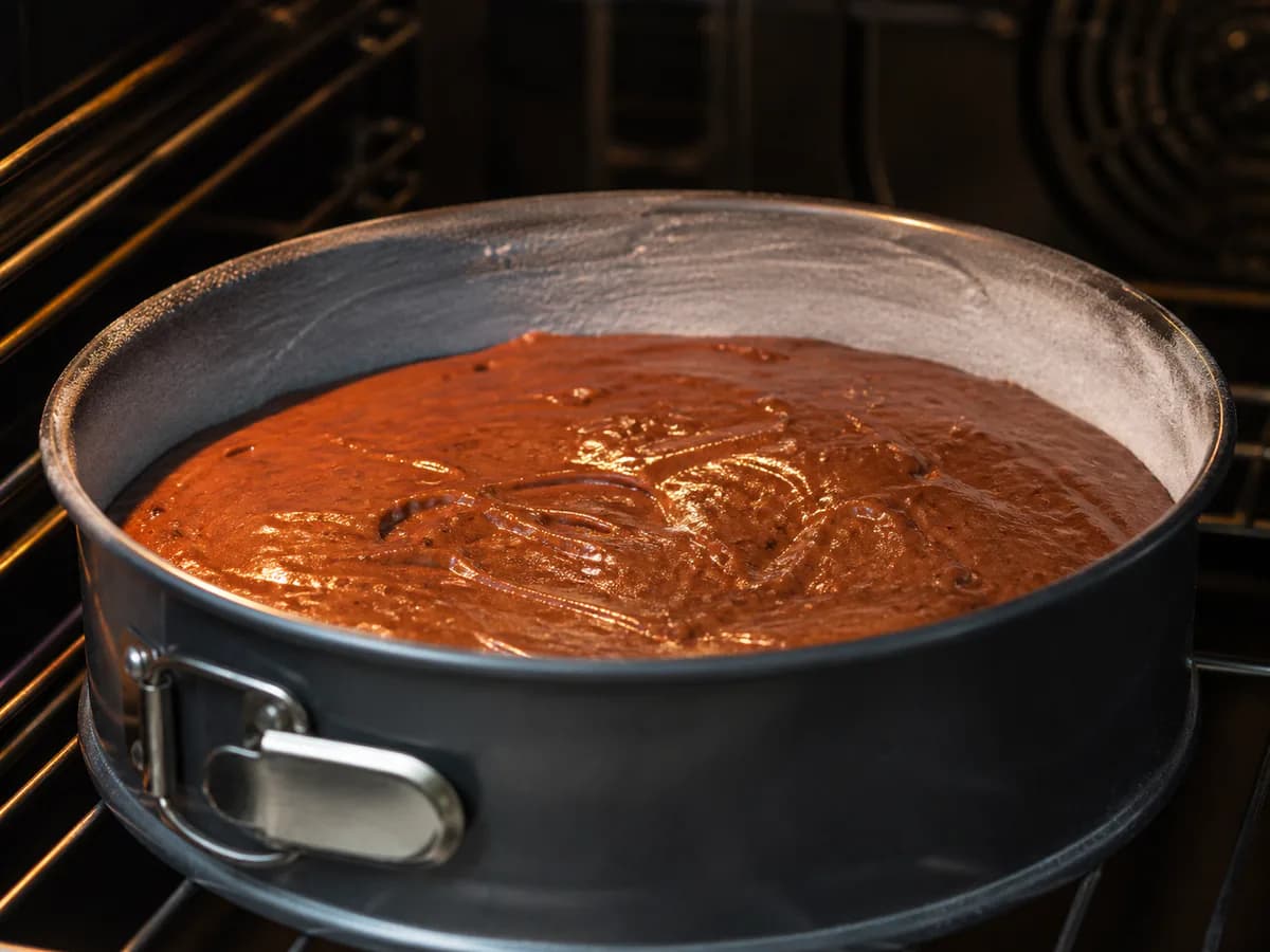 Preparação de Bolo de Chocolate com Amêndoas Caramelizadas durante a confeção
