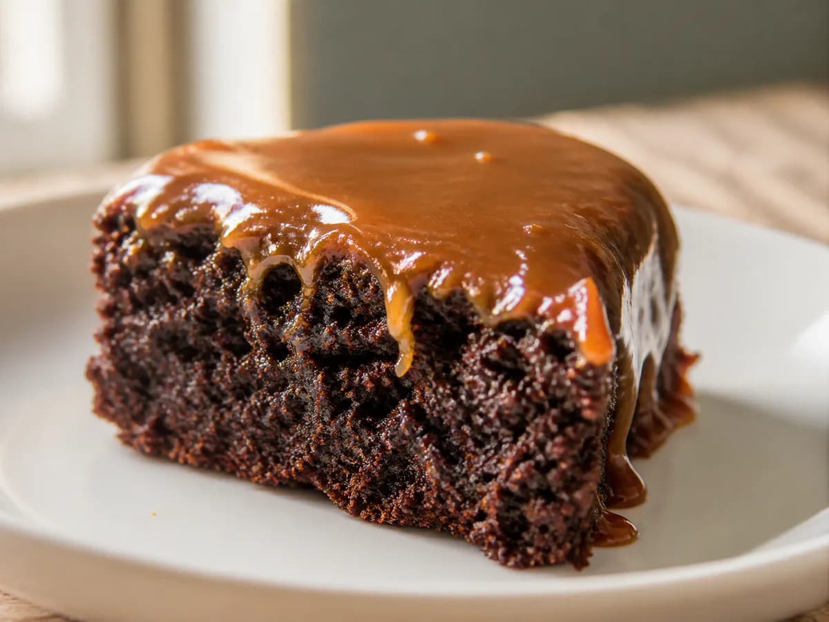 Pormenor de uma porção de Bolo de Chocolate com Caramelo Salgado