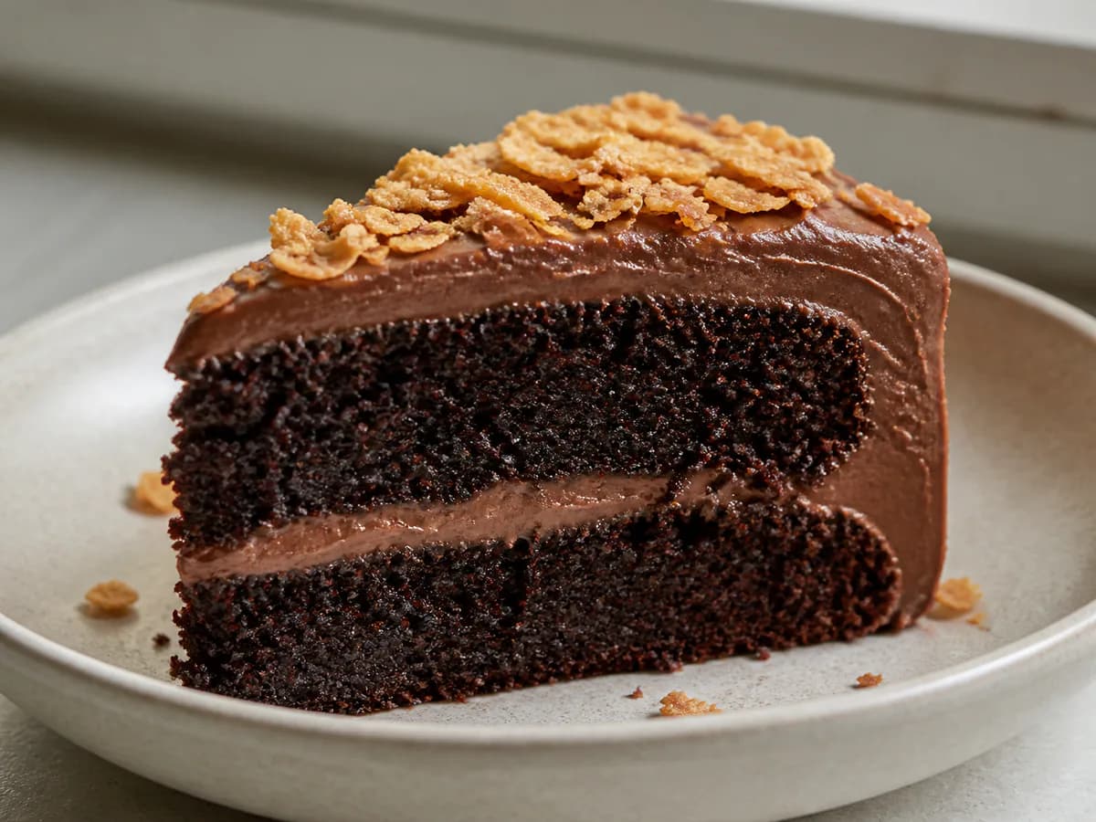 Pormenor de uma porção de Bolo de Chocolate com Cobertura de Chocolate e Flocos de Mel