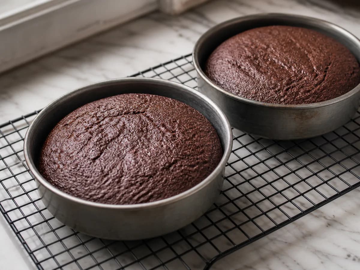 Preparação de Bolo de Chocolate com Cobertura de Chocolate e Flocos de Mel durante a confeção