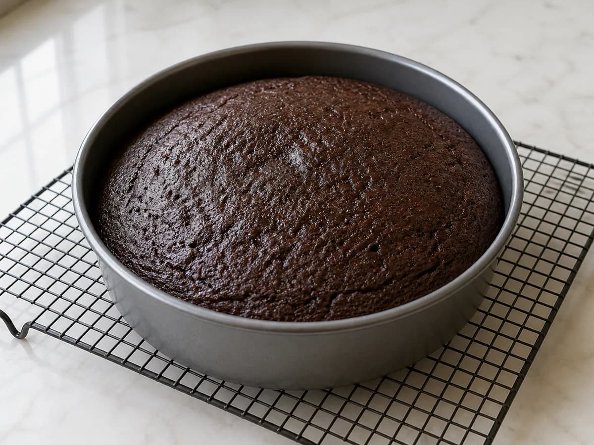 Preparação de Bolo de Chocolate com Cobertura de Oreo durante a confeção