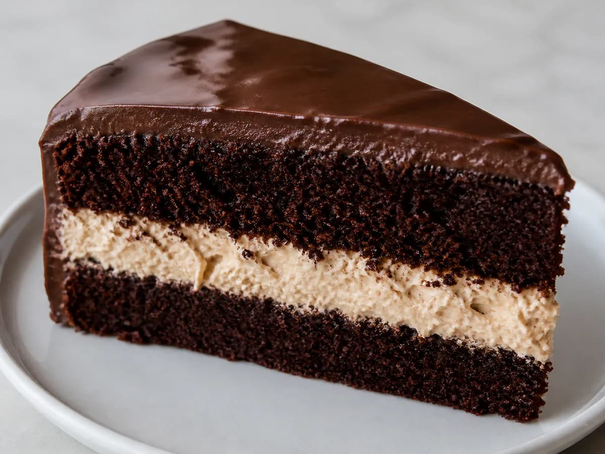 Pormenor de uma porção de Bolo de Chocolate com Cobertura e Recheio de Natas e Manteiga de Amendoim