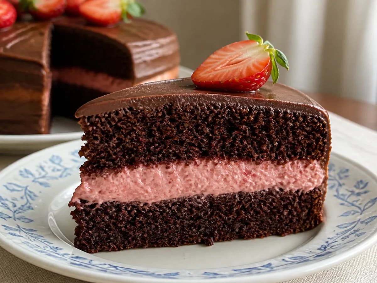 Pormenor de uma porção de Bolo de Chocolate com Recheio de Creme de Morango