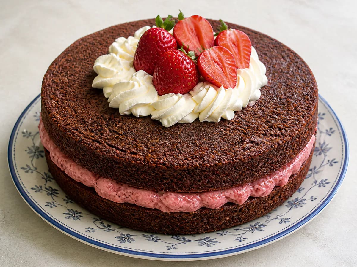 Bolo de Chocolate com Recheio de Creme de Morango