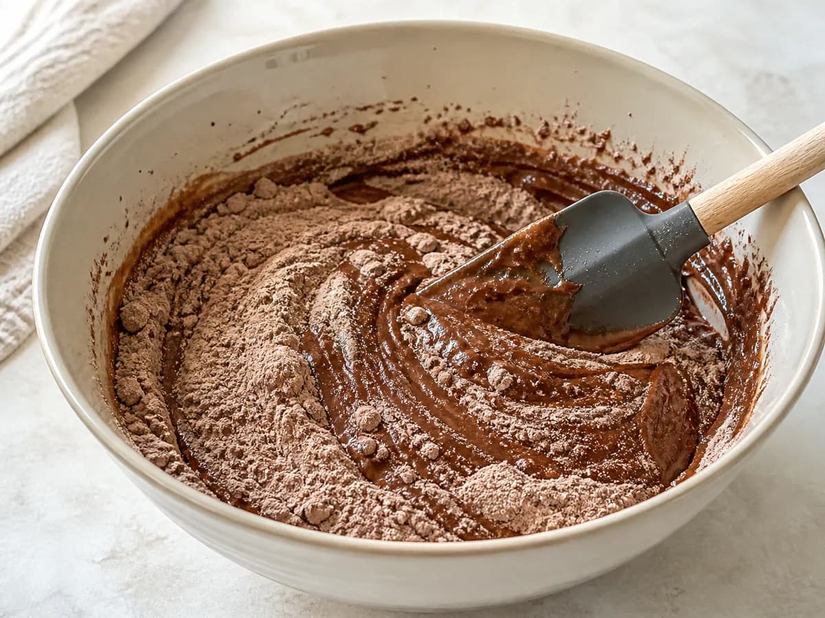 Preparação de Bolo de Chocolate Cremoso em 20 Minutos durante a confeção