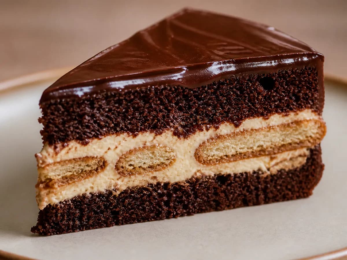 Pormenor de uma porção de Bolo de Chocolate e Café com Recheio de Tiramisu