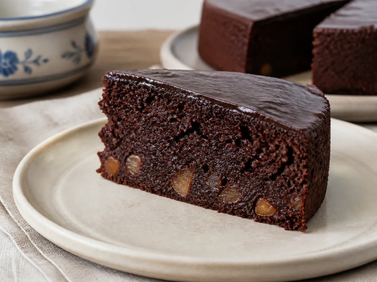 Pormenor de uma porção de Bolo de Chocolate e Castanha