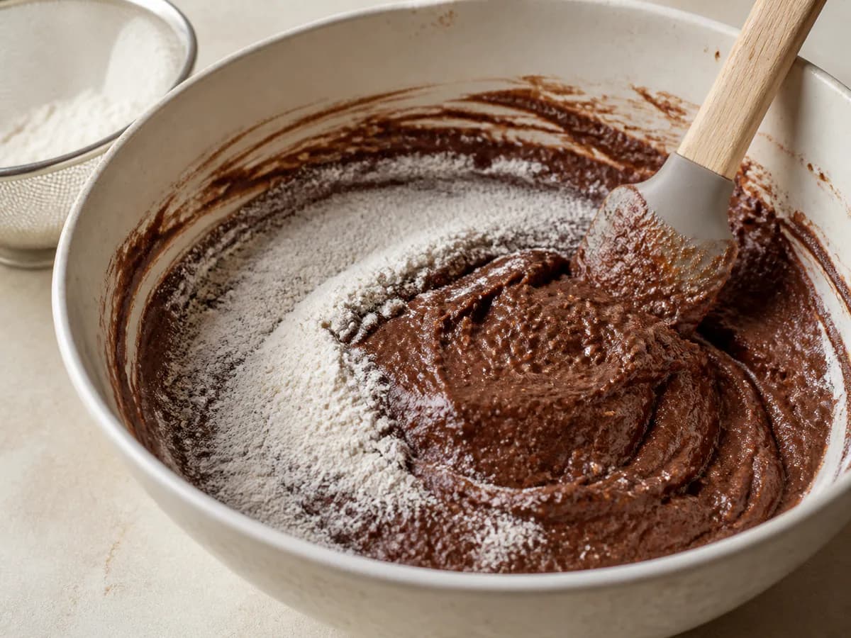 Preparação de Bolo de Chocolate e Castanha durante a confeção