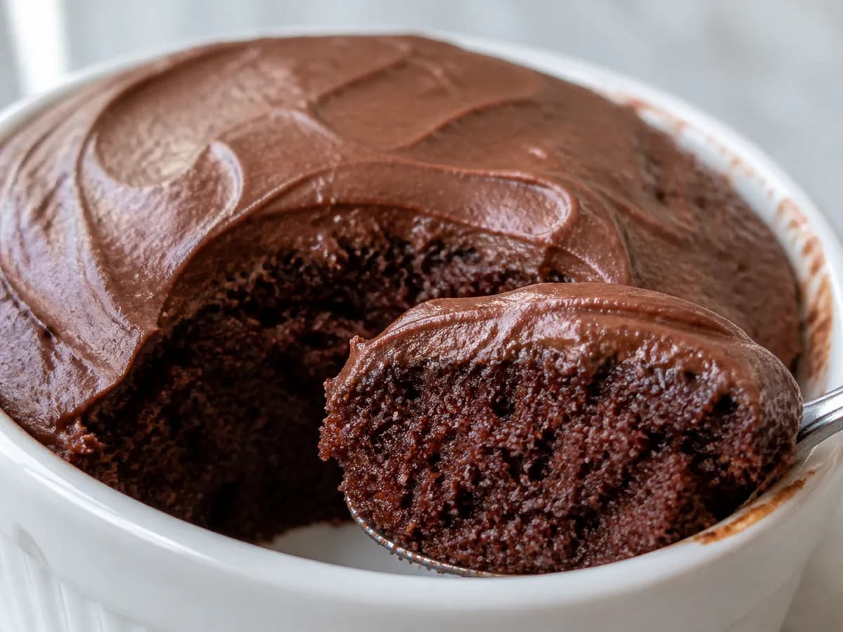 Pormenor de uma porção de Bolo de Chocolate no Micro-ondas com Cobertura Rápida
