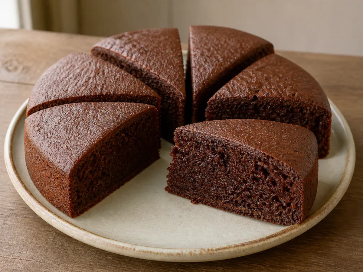 Pormenor de uma porção de Bolo de Chocolate com Cacau e Baunilha