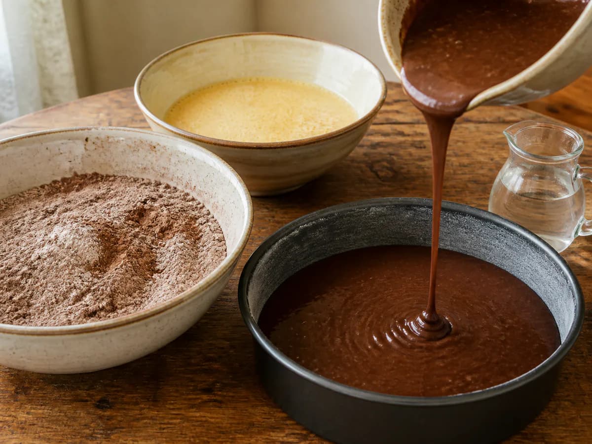 Preparação de Bolo de Chocolate com Cacau e Baunilha durante a confeção