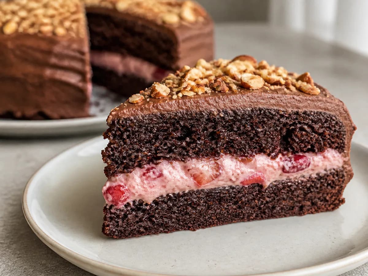 Pormenor de uma porção de Bolo de Chocolate Recheado com Morangos e Praliné
