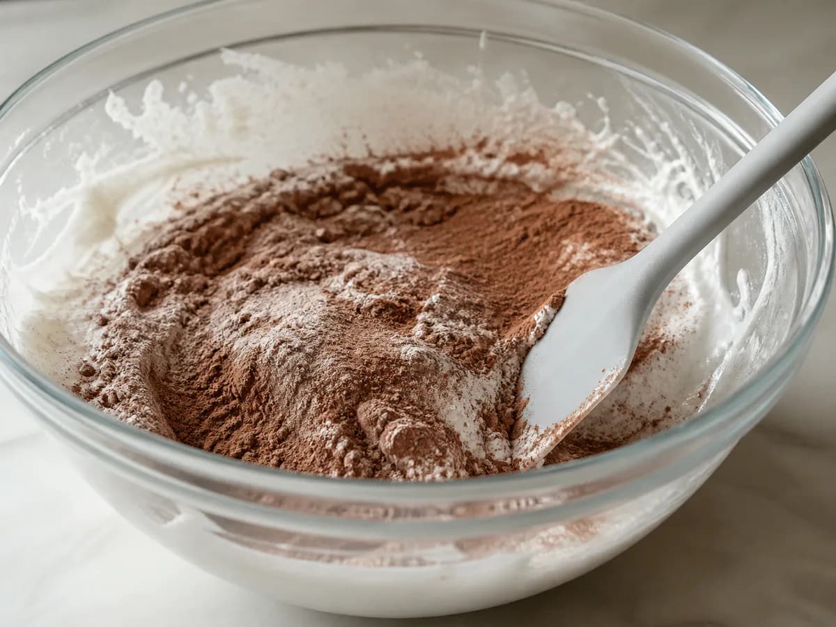 Preparação de Bolo de Claras e Chocolate Super Simples durante a confeção
