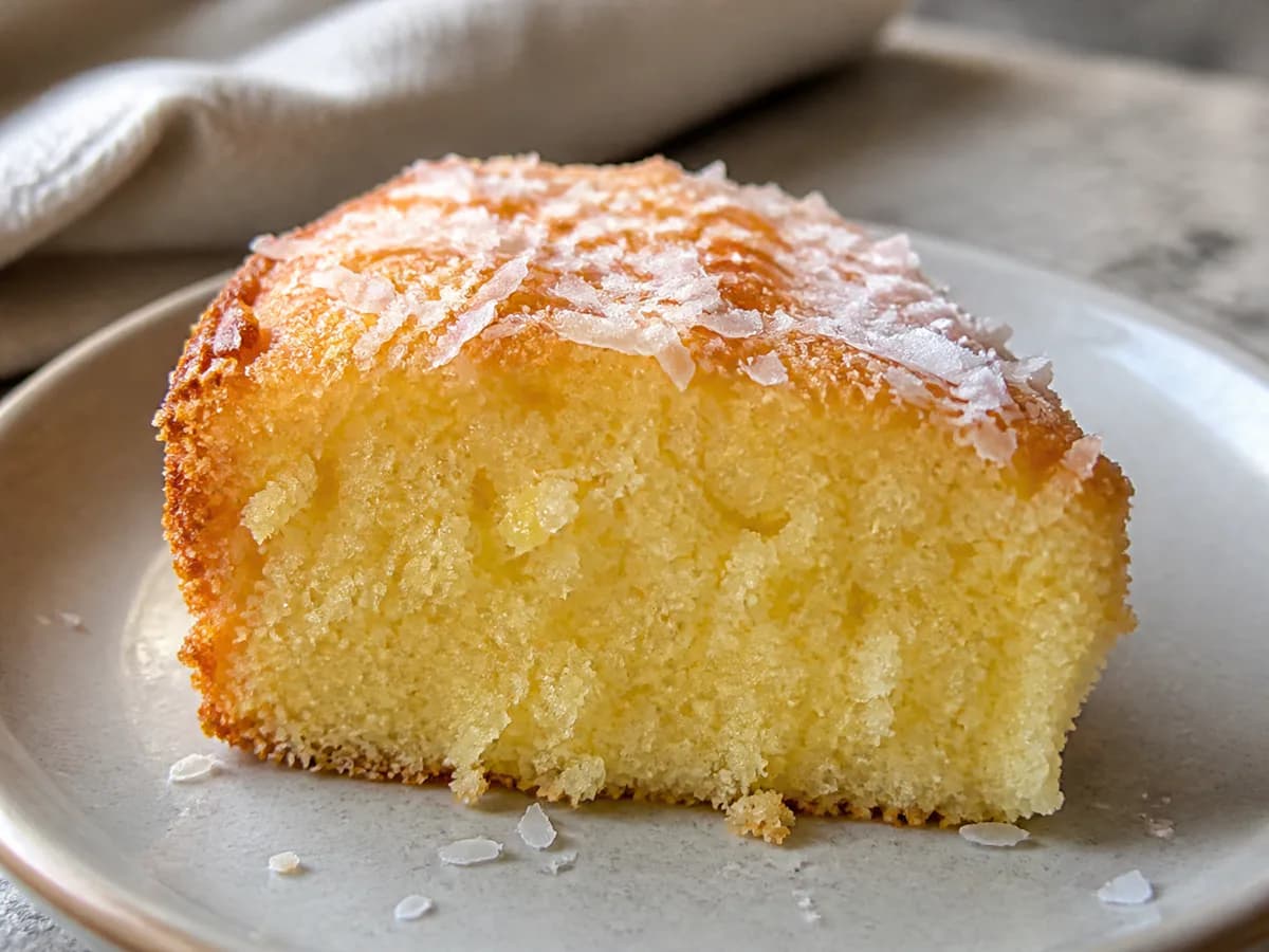 Pormenor de uma porção de Bolo de Coco à Antiga