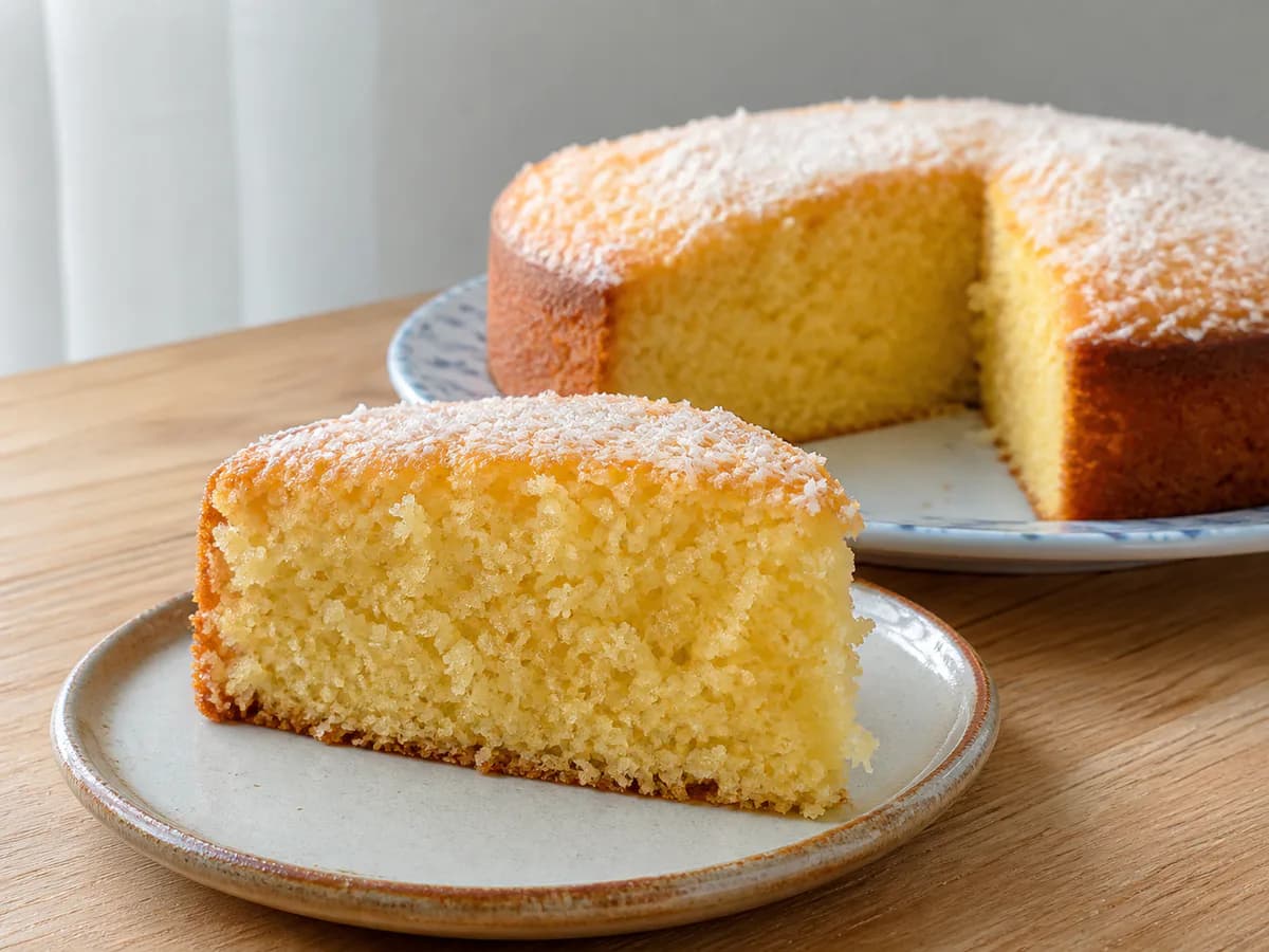 Pormenor de uma porção de Bolo de Coco - A Minha Receita Preferida