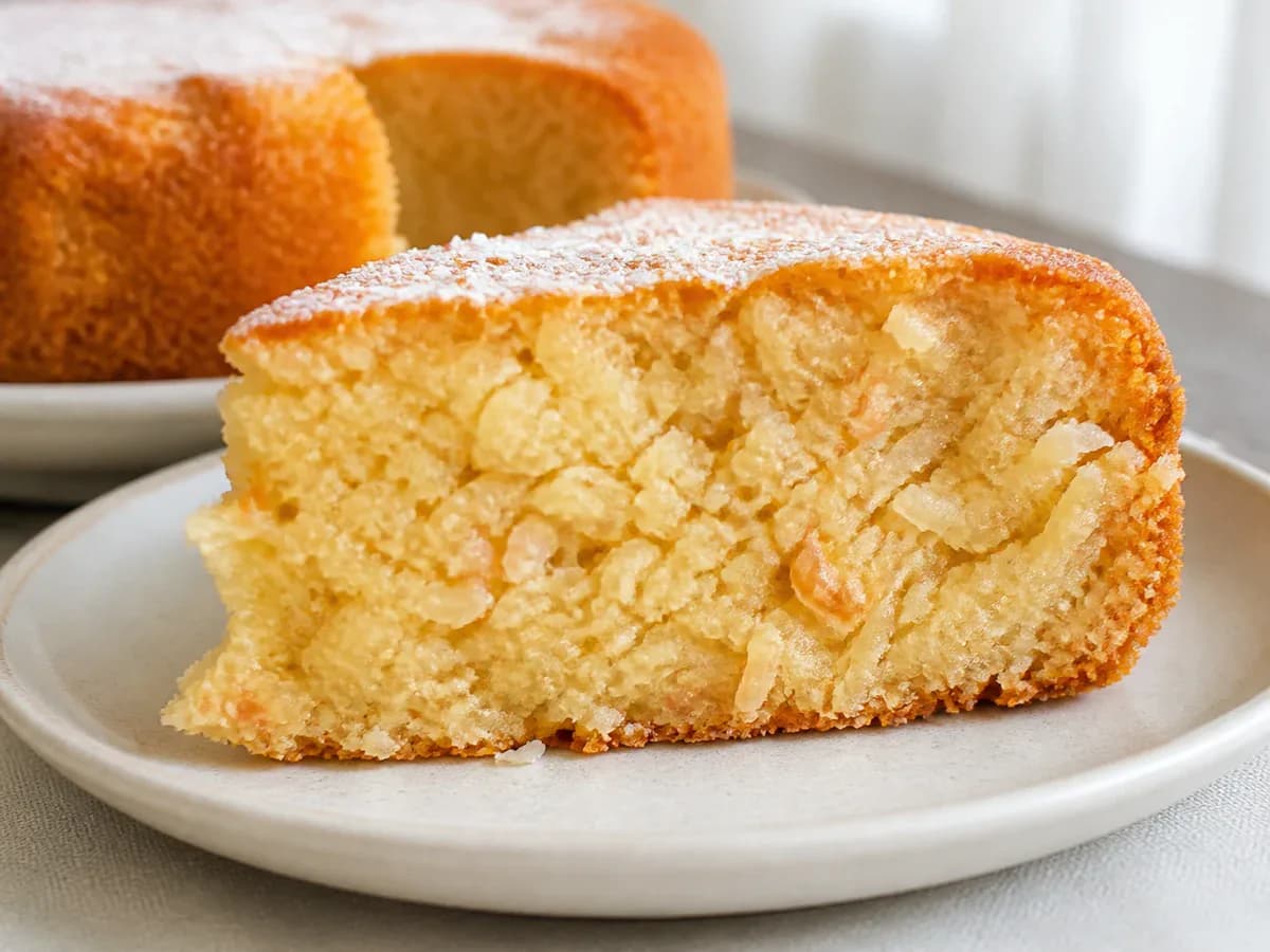 Pormenor de uma porção de Bolo de Coco com Maçã Ralada