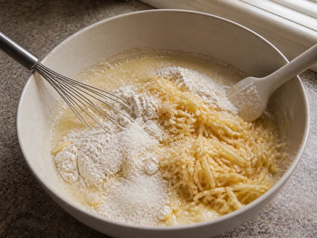 Preparação de Bolo de Coco com Maçã Ralada durante a confeção