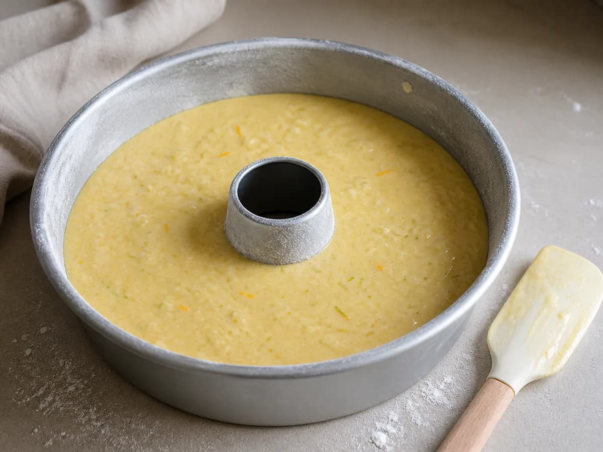 Preparação de Bolo de Coco, Laranja e Lima durante a confeção