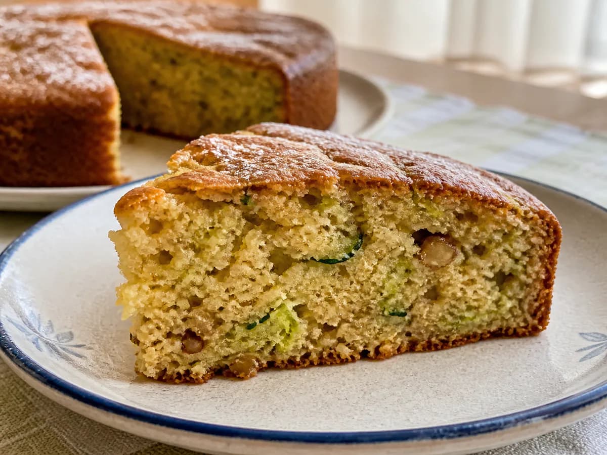 Pormenor de uma porção de Bolo de Courgette Fofinho