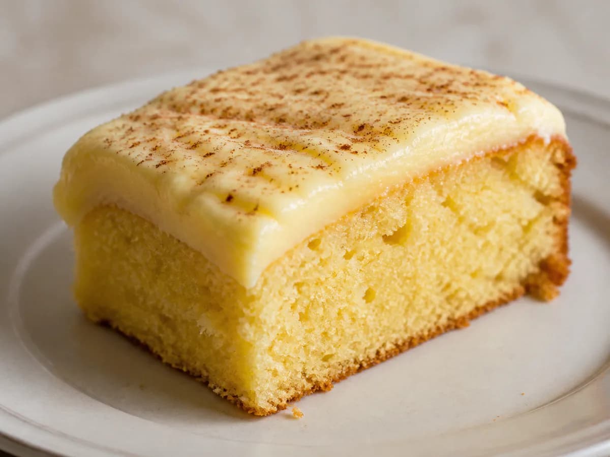 Pormenor de uma porção de Bolo de Fécula de Batata com Cobertura de Leite Creme