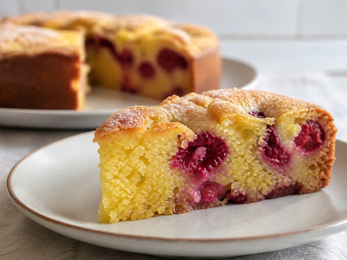 Pormenor de uma porção de Bolo de Framboesas Húmido e Aveludado