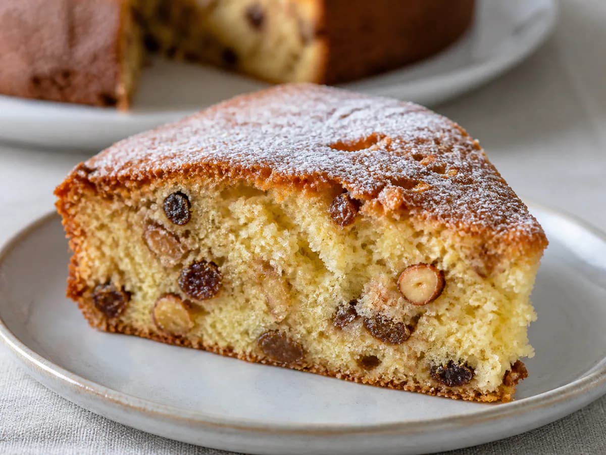 Pormenor de uma porção de Bolo de Frutos Secos, Iogurte e Limão