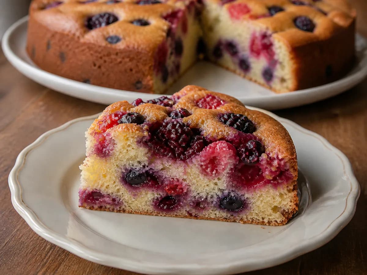 Pormenor de uma porção de Bolo de Frutos Vermelhos